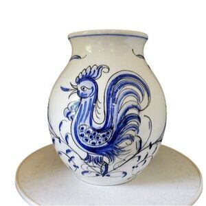 Vintage Anfora Águeda Portugal Rooster Mini Vase 5.5” Blue White